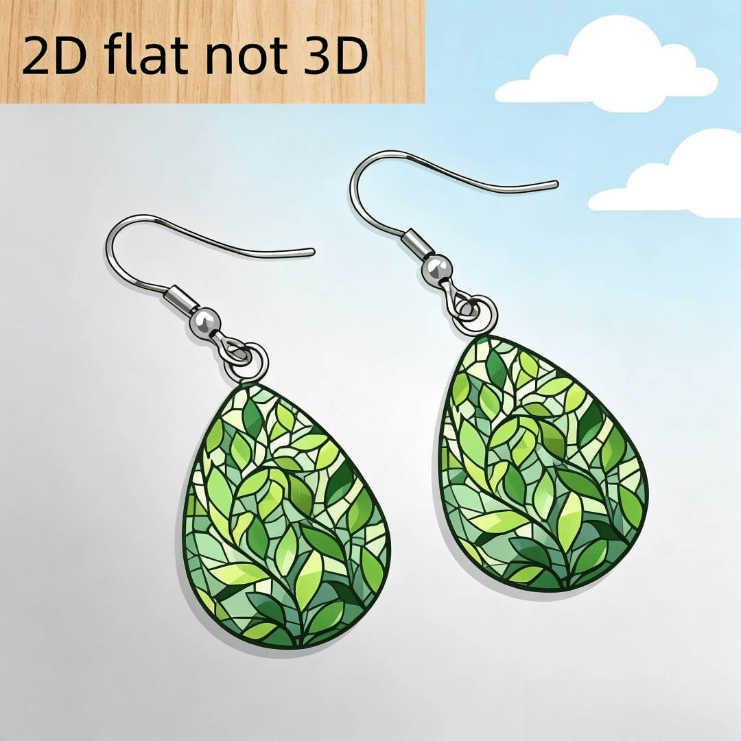 2D Flat Green Leaf Stained Glass Teardrop Dangle Earrings